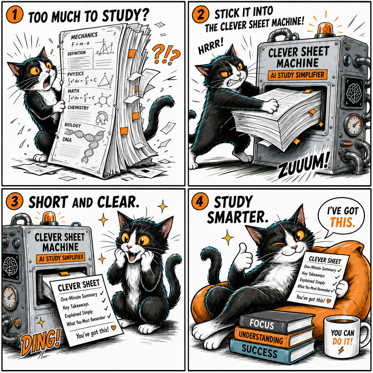 Clever Sheet Machine comic: too much to study, short and clear, study smarter